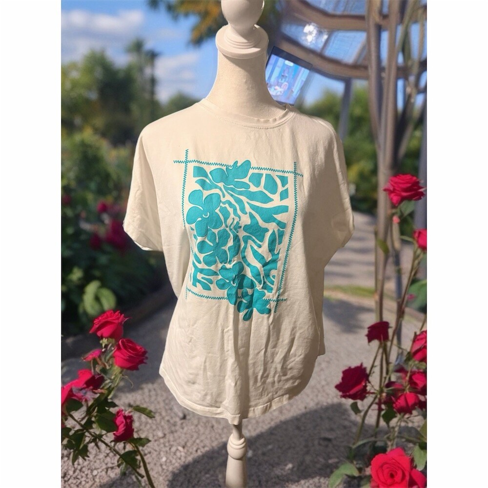 LO.V. T-Shirt Womens Size S Ivory Turquoise Floral Graphic Back Buttons